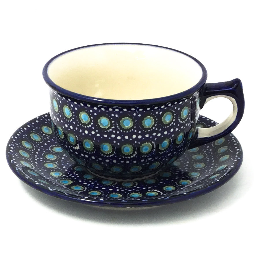 Polish Pottery Tea Cup w/ Saucer 8 oz in Blue Moon Blue Moon